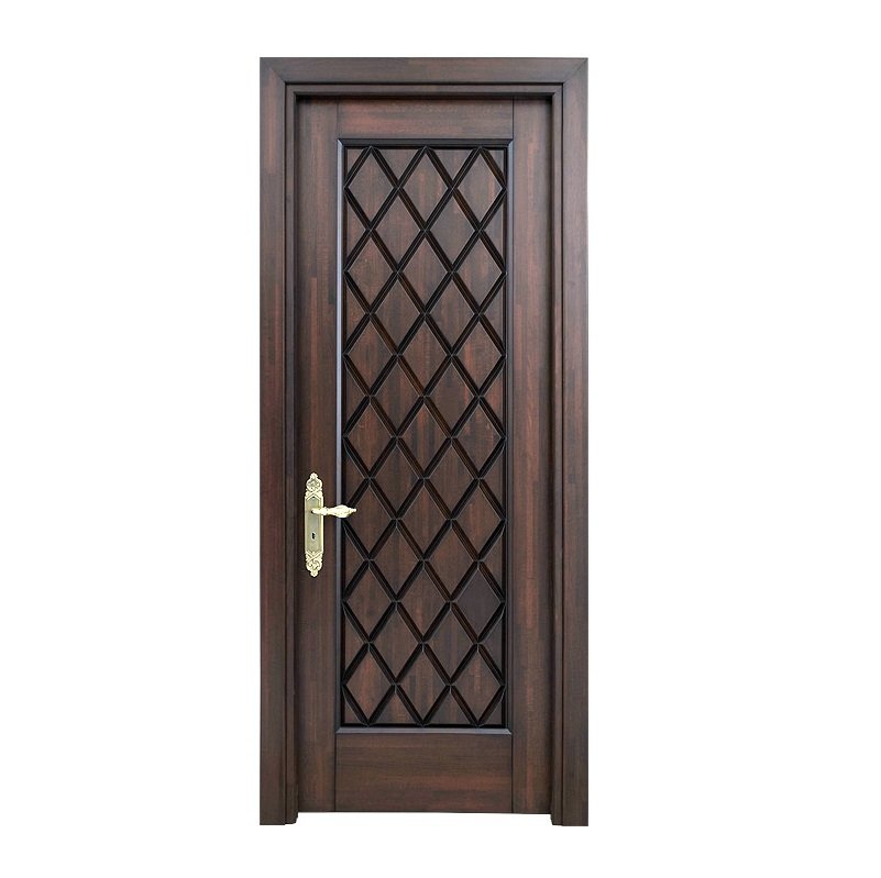 A professional product studio image from the file crown-custom-doors-audra-diamond-lattice-solid-wood-door-door.jpg presenting a premium handcrafted solid wood interior door by CROWNCUSTOMDOORS with a rich dark espresso finish, featuring an intricate 3D diamond lattice central panel design and an ornate gold brass handle.