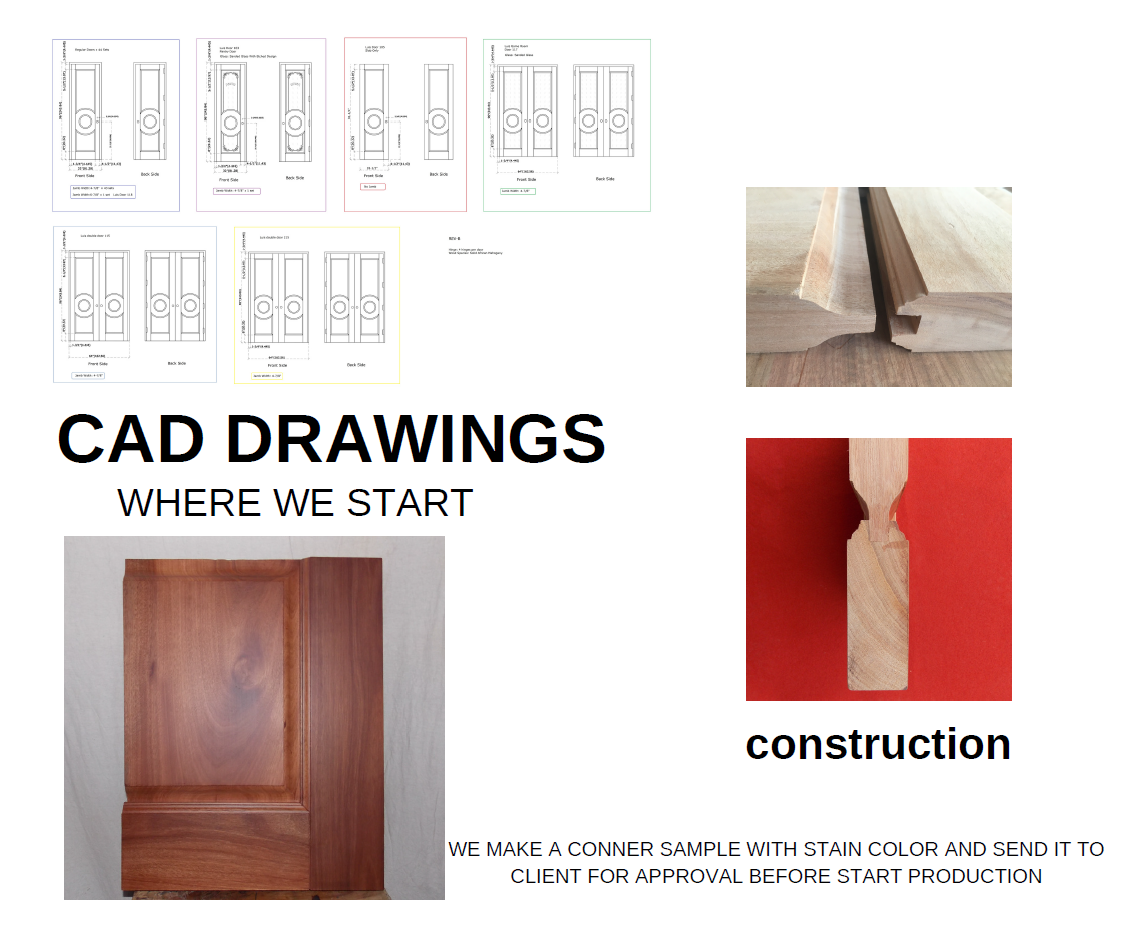 CROWNCUSTOMDOORS production process, featuring detailed architectural CAD drawings, close-up photos of interlocking mortise and tenon wood joinery construction, and a finished hardwood corner sample with stain finish.