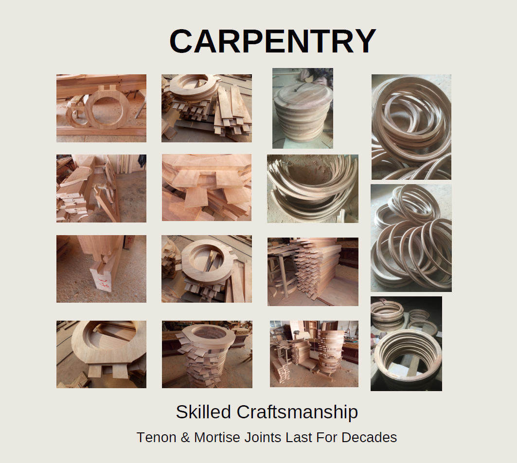 A workshop photo collage from "CARPENTRY" and "Skilled Craftsmanship," showcasing the step-by-step woodworking process of cutting, shaping, and stacking circular hardwood components and interlocking mortise and tenon joints by CROWNCUSTOMDOORS.