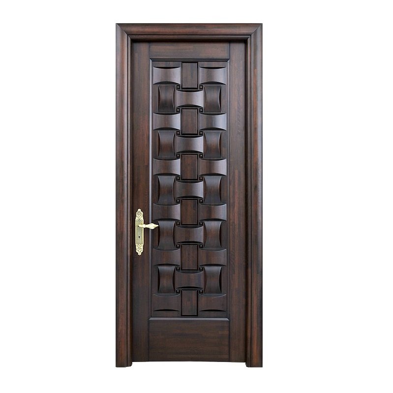 a custom handcrafted solid wood interior door by CROWNCUSTOMDOORS with a rich dark chocolate stain, featuring an intricate 3D basketweave woven central panel design and an ornate gold brass handle.