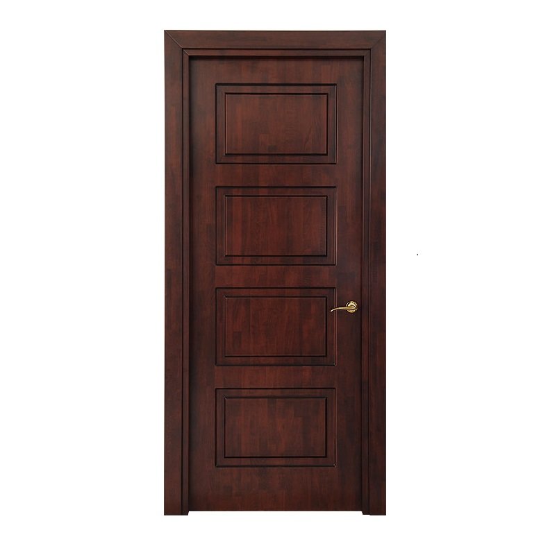 a premium handcrafted solid wood interior door by CROWNCUSTOMDOORS with a rich mahogany finish, featuring four stacked horizontal rectangular raised panels with deep geometric moldings and a classic gold brass lever handle.