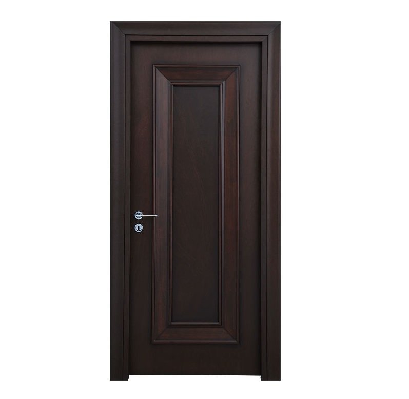 A professional product studio image from the file crown-custom-doors-elenora-single-panel-dark-espresso-hardwood-door.jpg presenting a premium handcrafted solid wood interior door by CROWNCUSTOMDOORS with a rich dark espresso finish, featuring a large vertical single recessed central panel defined by prominent, deep mitered geometric framing moldings and a sleek silver chrome handle with a matching key cylinder lock.