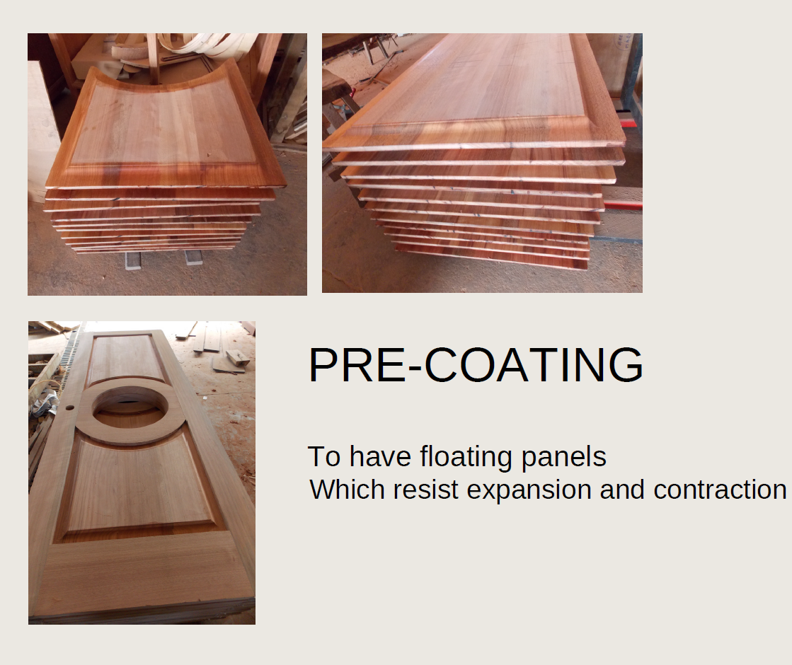 An educational workshop graphic layout "PRE-COATING" by CROWNCUSTOMDOORS, showing a tall stack of finished individual wood door panels alongside an assembled door frame to demonstrate the floating panel design that allows wood to breathe.