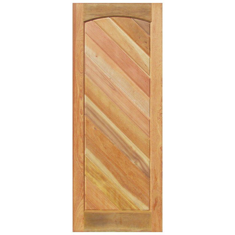 A professional product studio image from the file crown-custom-doors-geocharming-diagonal-chevron-plank-solid-wood-door.jpg presenting a premium handcrafted solid wood interior door by CROWNCUSTOMDOORS with a light natural finish, featuring a unique central panel filled with parallel diagonal chevron wood planks set inside a gently arched top frame.