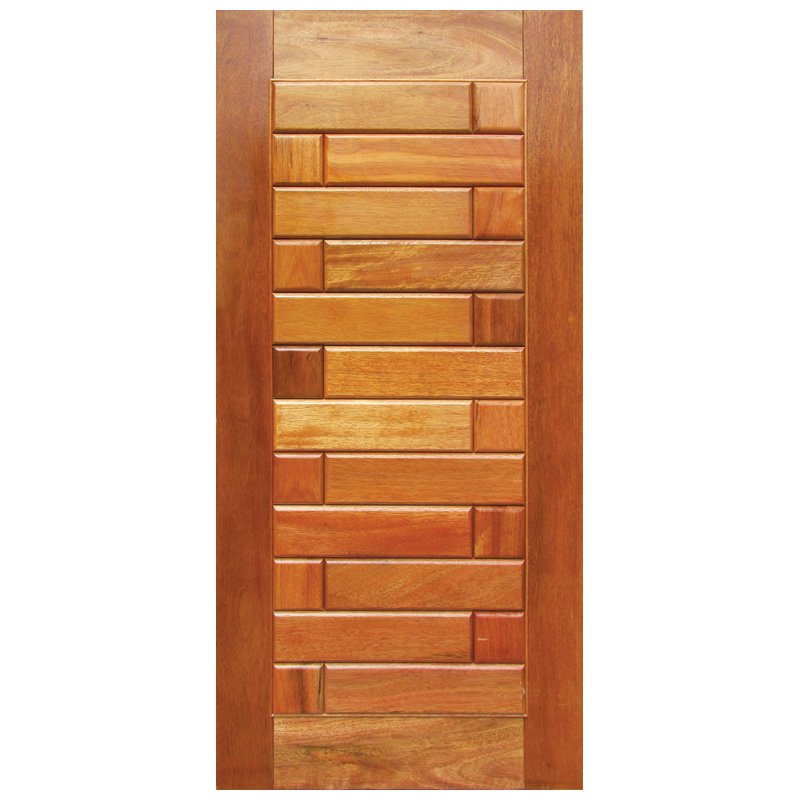 A professional product studio image from the file crown-custom-doors-geocharming-stacked-brick-block-panel-solid-wood-door.jpg presenting a premium handcrafted solid wood interior door by CROWNCUSTOMDOORS with a warm natural finish, featuring a unique central panel filled with an alternating, staggered pattern of horizontal rectangular block wood planks resembling a stacked brick layout.