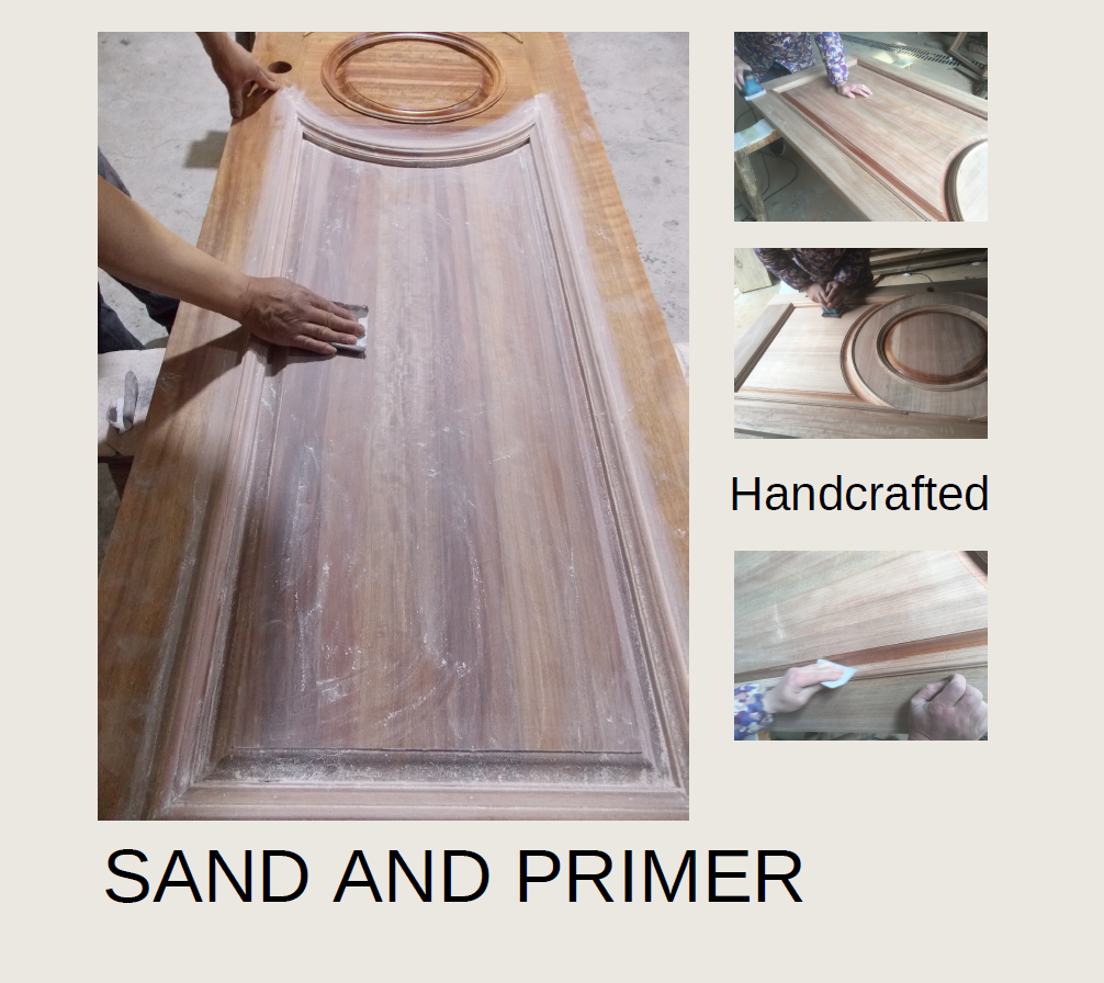 An informational workshop graphic layout showcasing artisans carefully hand-sanding the complex details, molding, and circular panels of a solid mahogany door to prepare it for priming.