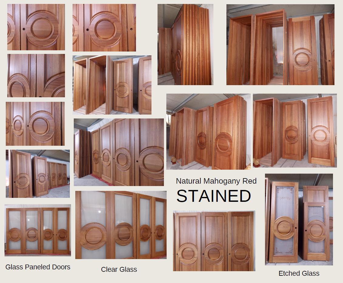 A large product showcase "Natural Mahogany Red STAINED," featuring a massive collection of completed solid wood doors by CROWNCUSTOMDOORS with a rich red stain finish, displaying all-wood panels alongside glass paneled doors with clear glass and custom etched glass inserts.