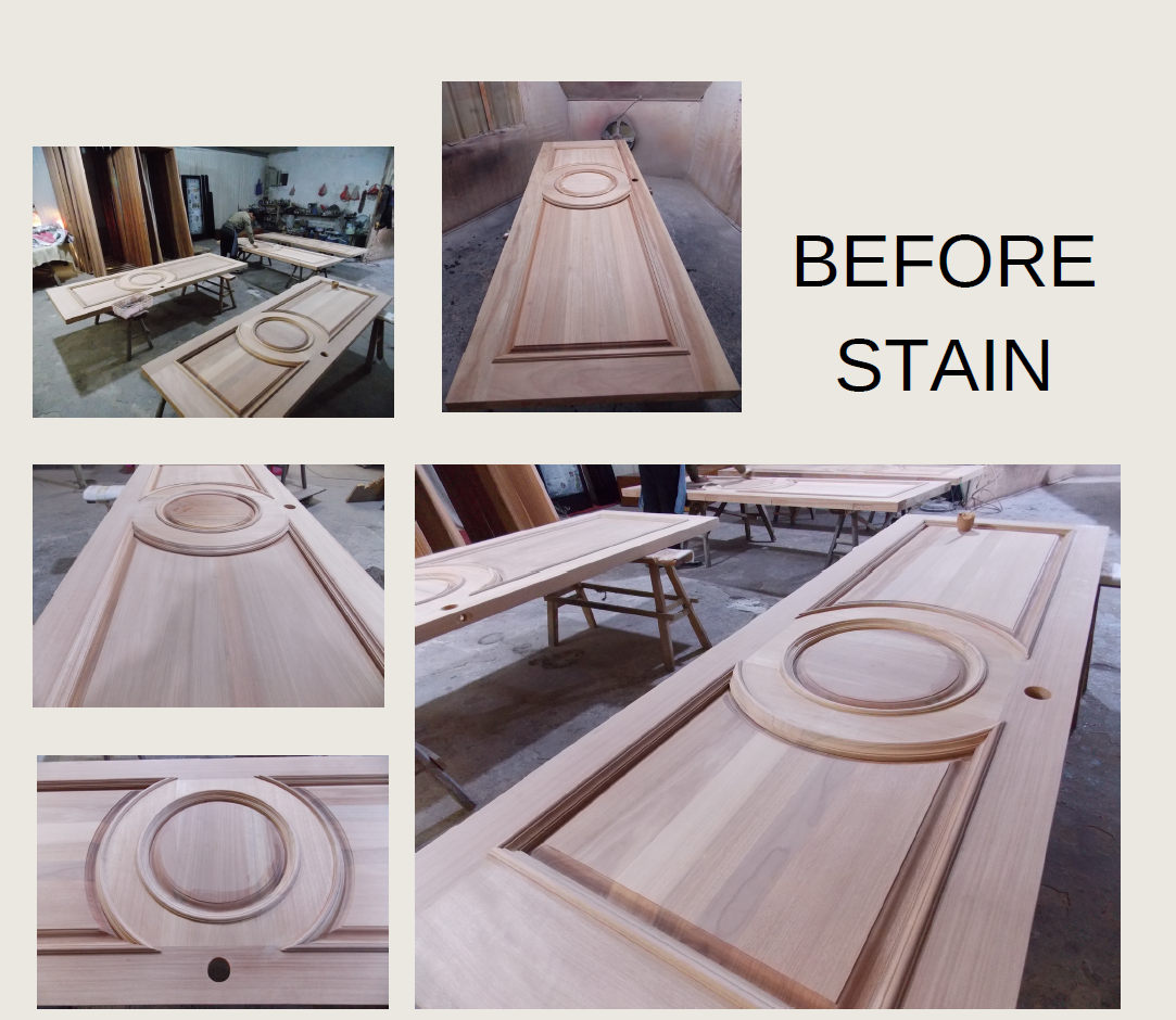 "BEFORE STAIN" by CROWNCUSTOMDOORS, showcasing multiple close-up and overhead angles of assembled solid mahogany doors resting on sawhorses, highlighting the clean, unfinished raw wood grain and precision-carved circular geometric panels.