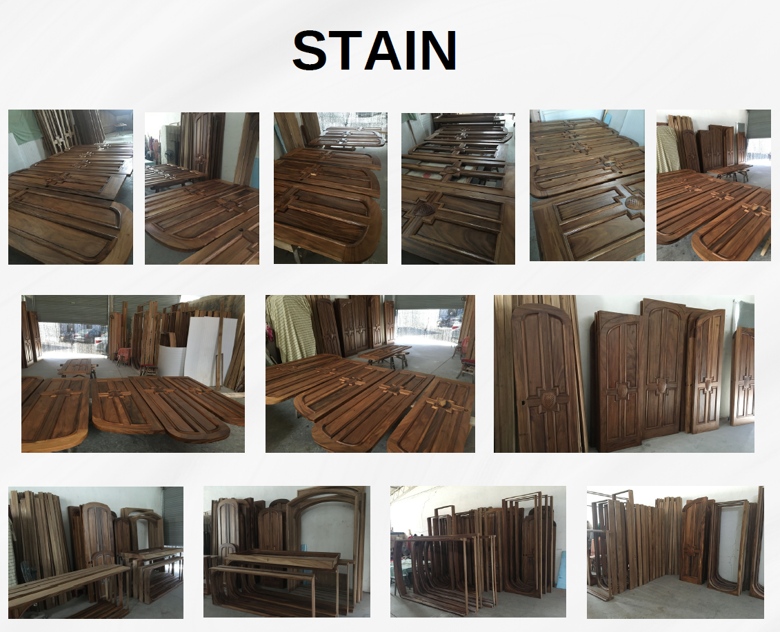 A workshop finishing room photo collage from file custom-black-walnut-door-staining-and-varnishing-process.jpg titled "STAIN," displaying numerous completed solid wood doors and matching arched door frames by CROWNCUSTOMDOORS during the staining process, emphasizing the rich, dark grain patterns of premium black walnut hardwood.