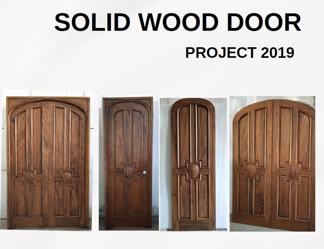 A showcase image titled SOLID WOOD DOOR PROJECT 2019 displaying four variations of handcrafted premium American Black Walnut doors featuring arched round tops, flat-top outer jambs, traditional mortise and tenon joinery, and a hand-carved family shield crest in the center panel.