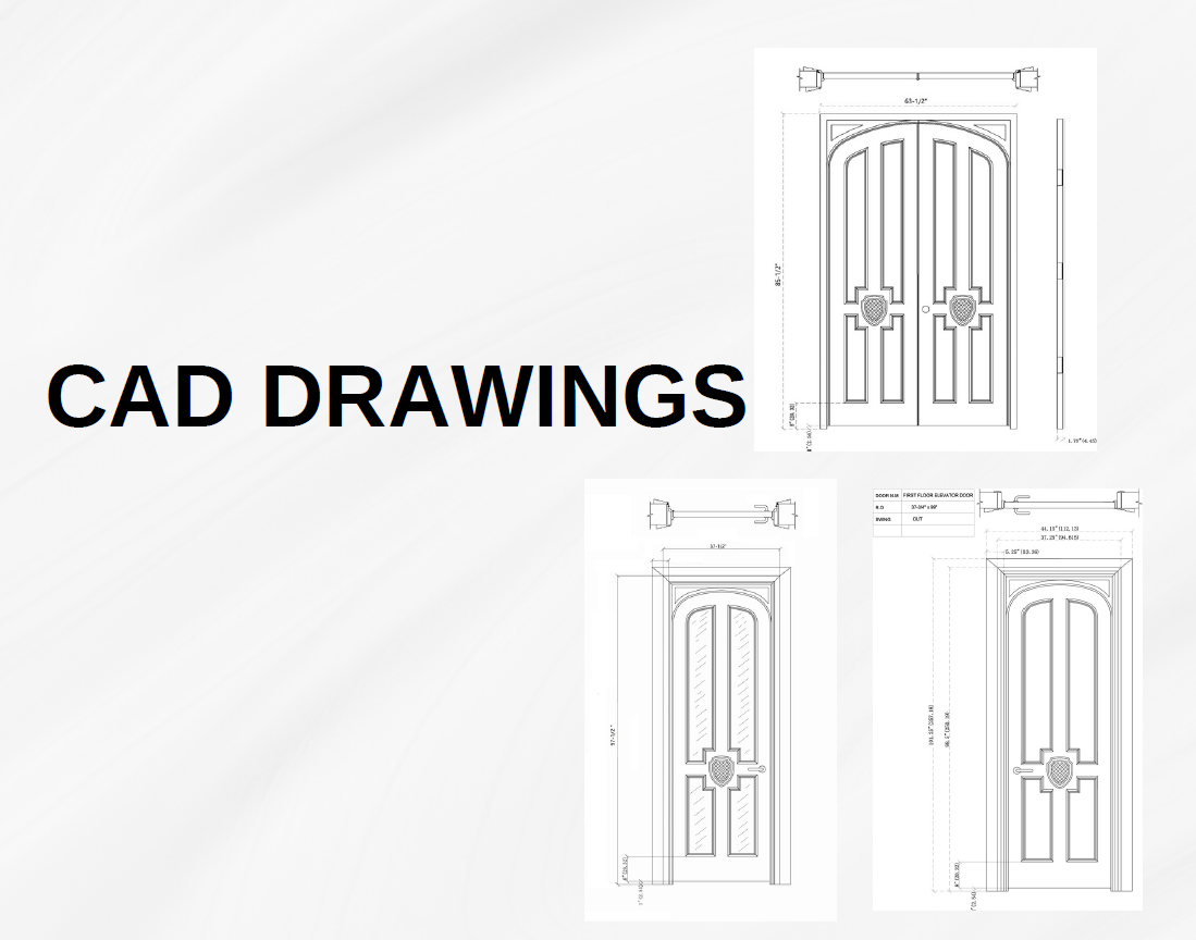 A technical portfolio graphic titled CAD DRAWINGS showing three detailed architectural blueprints of custom solid wood doors. The diagrams display an arched round-top double door and two single doors, mapping out precise measurements, cross-sections, a central family shield emblem, and the flat-top exterior jamb assembly.