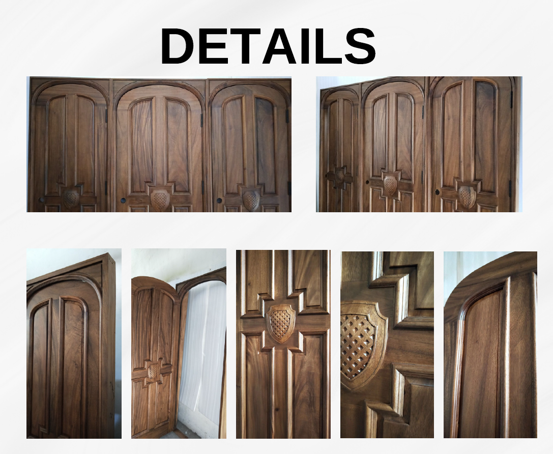 A multi-photo design collage titled DETAILS highlighting the finished components of custom solid wood doors. The images showcase a sequence of premium American Black Walnut door slabs, architectural close-ups of a round-top door slab seamlessly meeting a flat-top outer jamb frame, and detailed macro shots of the raised geometric molding surrounding the hand-carved family shield crest.