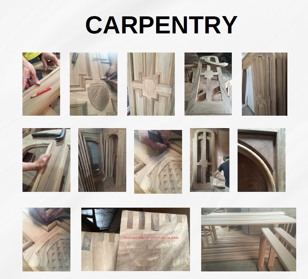 A multi-photo carpentry collage titled CARPENTRY showcasing the workshop creation process of custom solid wood doors. Images include artisans using hand tools to carve detailed family shields, assembling arched round-top door panels, chiseling intricate geometric moldings, stacking precision lumber, and a close-up photo explicitly labeled TENON AND MORTISE STRUCTURE FOR JAMBS.