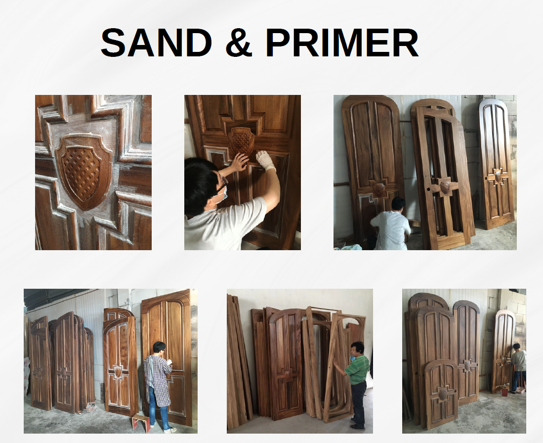 A multi-photo workshop collage titled SAND & PRIMER showcasing artisans prepping custom solid wood doors. The photos show close-up details of white primer and sanding dust in the crevices of a hand-carved family shield crest, craftsmen carefully hand-sanding intricate door panel profiles, and workers treating a collection of round-top walnut door slabs and matching flat-top jamb frames.