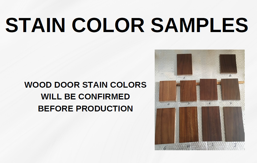 A portfolio graphic titled STAIN COLOR SAMPLES with the text WOOD DOOR STAIN COLORS WILL BE CONFIRMED BEFORE PRODUCTION. The image displays ten physical solid wood blocks labeled A through J, showcasing a spectrum of premium wood finish options ranging from light golden amber to rich, deep chocolate brown tones.