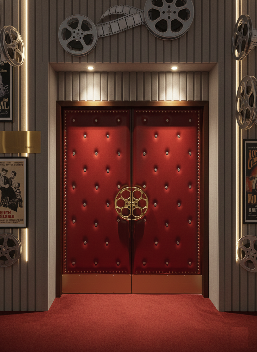 A grand luxury home theater entrance featuring a custom red upholstered acoustic double door by Crown Custom Doors, designed with diamond-tufted vinyl panels, crystal studs, brass nailhead trim, a gold film reel pull handle, and premium brass kickplates set into a contemporary fluted wall alcove.