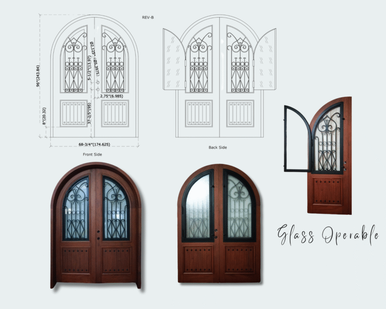 An architectural design sheet for a custom arched solid wood double door, showing technical CAD drawings with dimensions and photos of the finished door with hinged, operable glass panels that open for ventilation.
