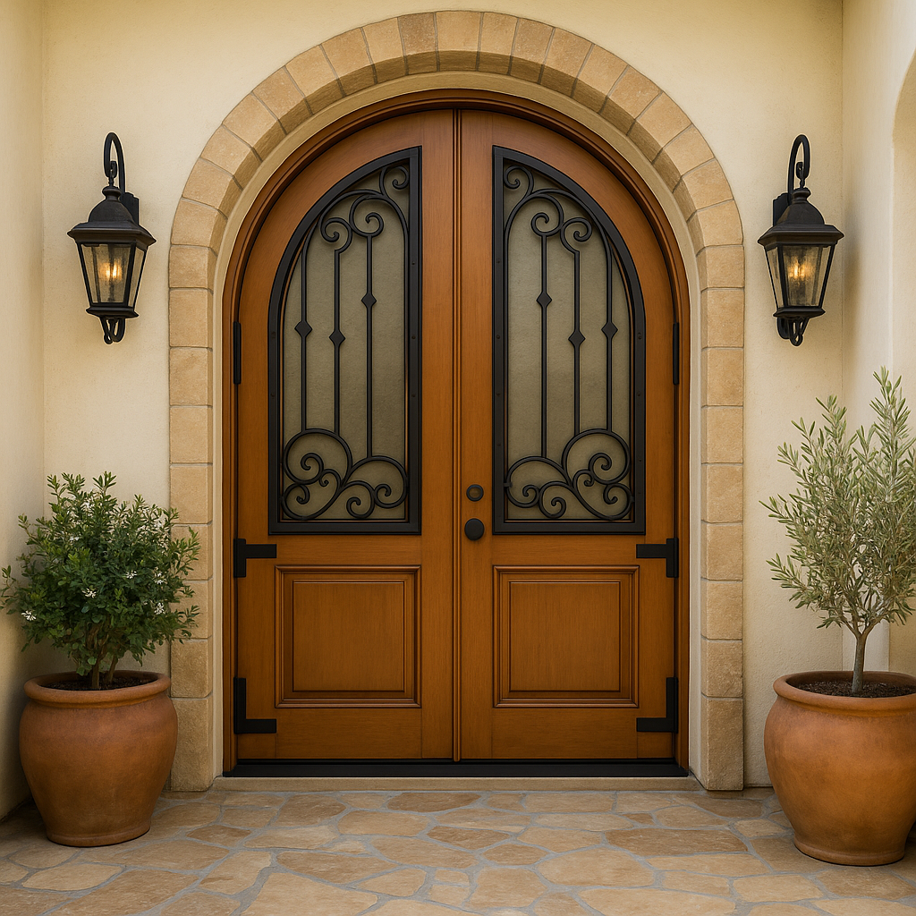 Front-facing view of a custom arched solid wood double entry door featuring a warm oak finish, decorative black wrought iron grilles over arched privacy glass panels, set inside a stone archway.