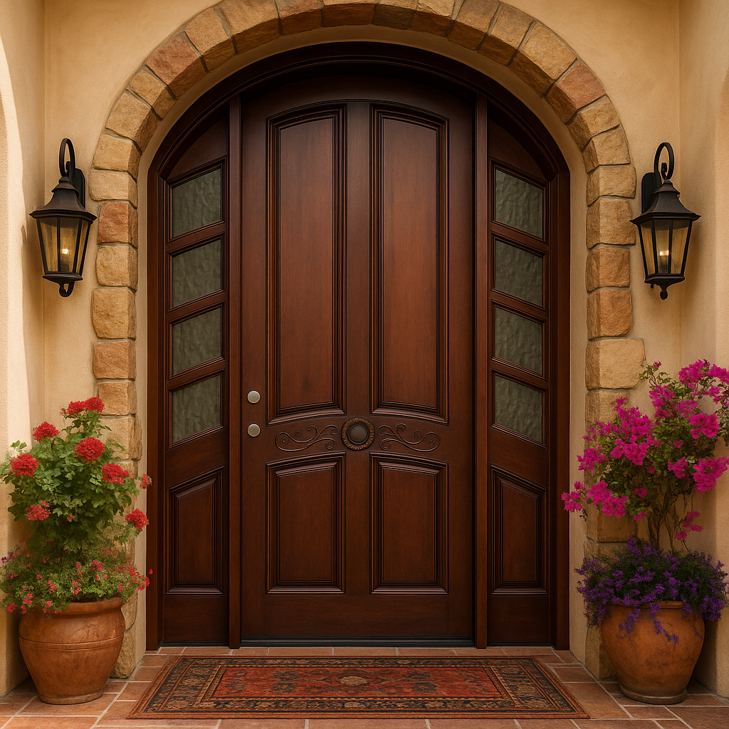 A grand arched solid wood front door with a rich mahogany finish and central hand-carved detailing, flanked by matching geometric glass sidelights inside a rustic stone archway entryway.