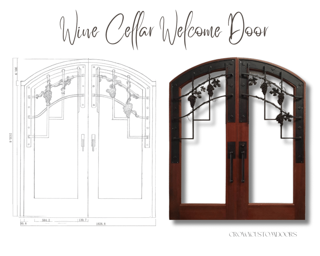 A design graphic for Crown Custom Doors showing a CAD blueprint schematic next to a completed arched solid wood double door with custom handcrafted wrought iron grapevine grilles, titled Wine Cellar Welcome Door.