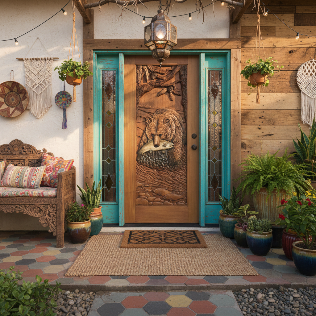 A detailed, high-relief hand-carved solid wood entry door depicting a bear catching a salmon in a river, set within a bright teal painted frame with decorative sidelights. The entrance is styled with a bohemian patio, including a carved wooden bench, patterned tile flooring, hanging plants, macrame wall art, and an ornate metal lantern. This custom door is perfect for a rustic-bohemian home exterior.