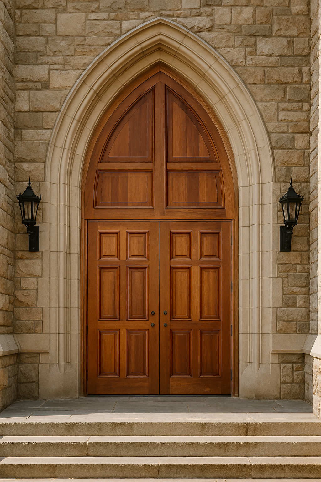 A grand Gothic arched church entryway handcrafted from solid wood by Crown Custom Doors, featuring a multi-panel double door system with a warm natural finish, an integrated massive pointed arch transom window frame, set within a layered stone cathedral facade flanked by black iron lanterns.