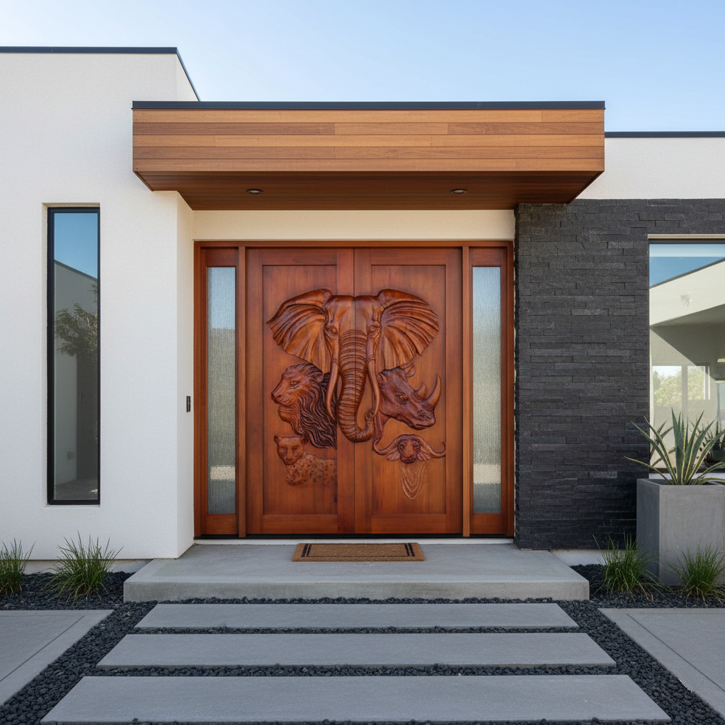 A direct front view of a custom hand-carved solid wood double entry door featuring high-relief African animal sculptures, installed on a flat-roofed contemporary home with white stucco, a black stone accent wall, and concrete slab pavers.
