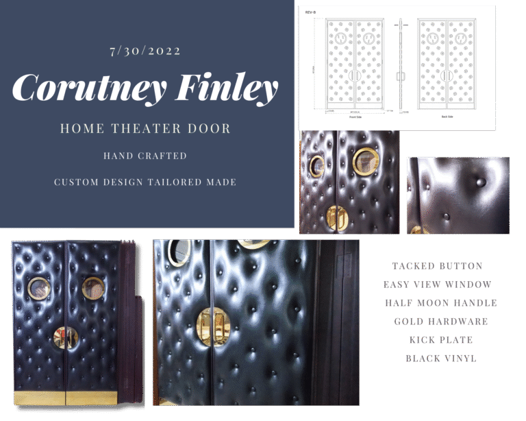 An architectural project showcase graphic by Crown Custom Doors titled "Courtney Finley Home Theater Door," displaying a black tufted vinyl acoustic double door with brass kickplates, circular porthole viewing windows, half-moon gold handles, and detailed technical blueprint schematics.