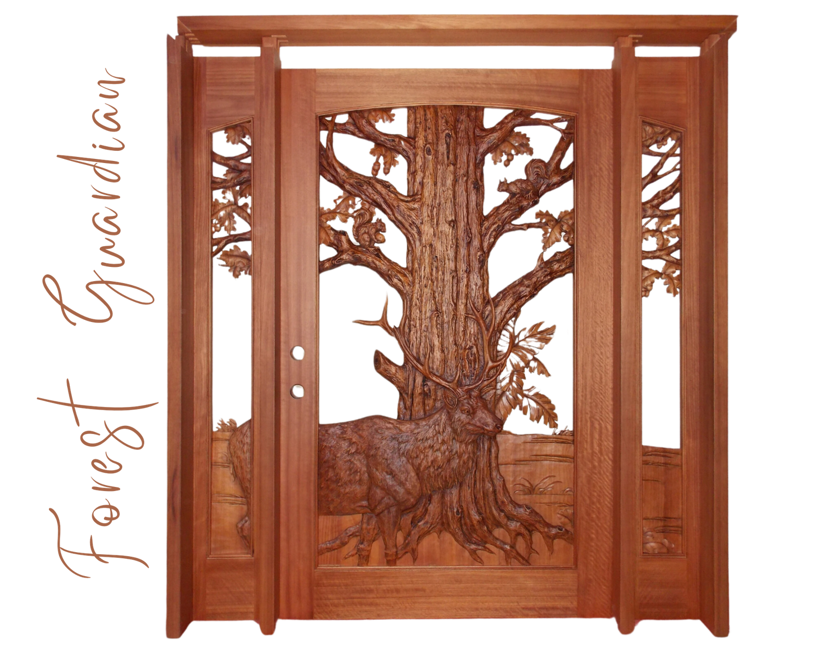 Studio view of the Forest Guardian single entry door system by Crown Custom Doors, crafted from solid wood with high-relief hand carvings of a majestic stag deer, a detailed oak tree with squirrels, and matching forest sidelights.