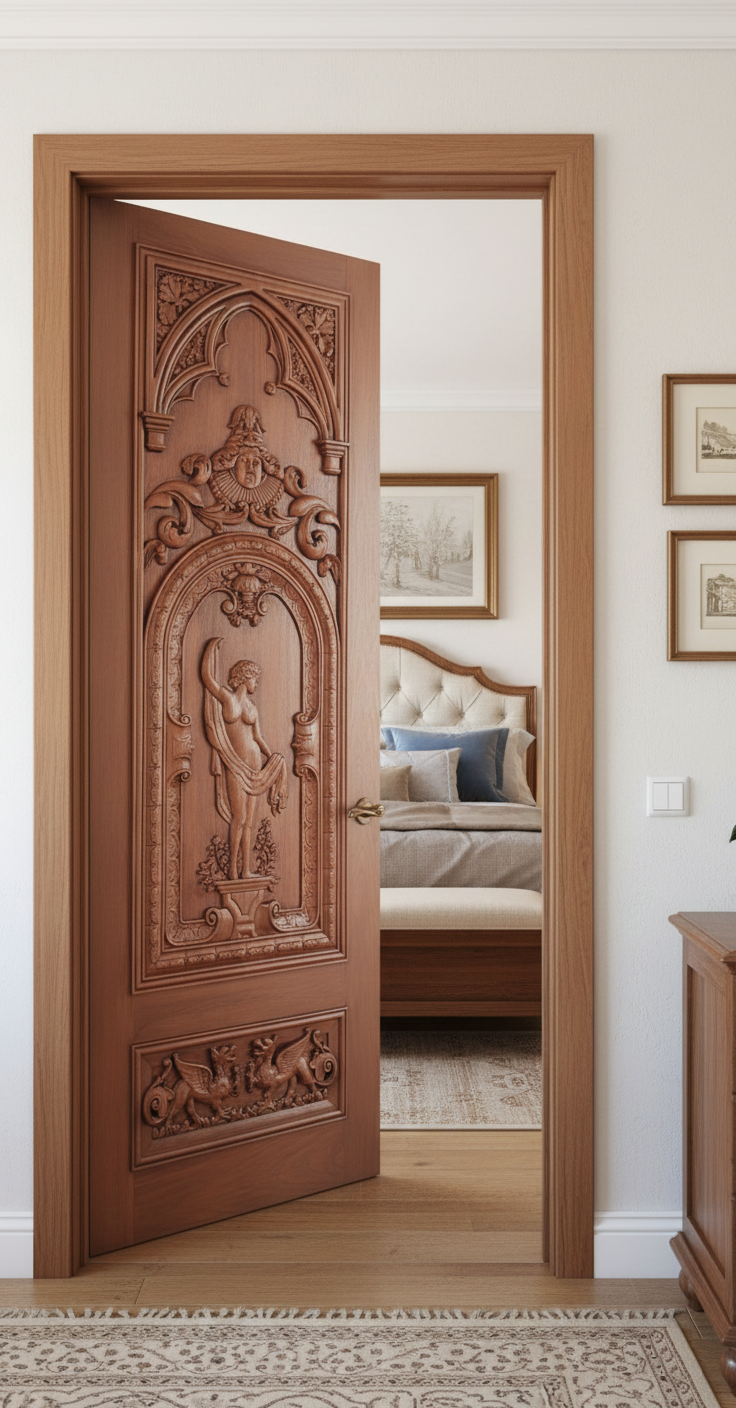 Open interior view of a solid wood single interior door by Crown Custom Doors installed in a luxury bedroom doorway, featuring intricate high-relief Gothic arch carvings, classical figurative relief art, detailed bottom panel gargoyle-dragon scrollwork, and a matching wood jamb frame.