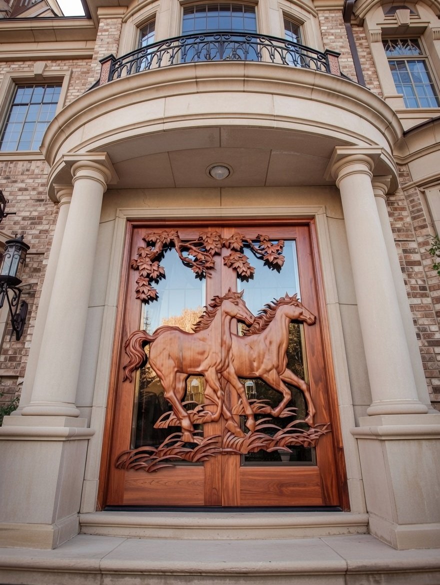 Architectural exterior view of a solid wood double entry door system by Crown Custom Doors installed on a luxury mansion portico, featuring high-relief hand-carved galloping horses, glass back panels, carved maple leaves, and a stone column entrance frame.