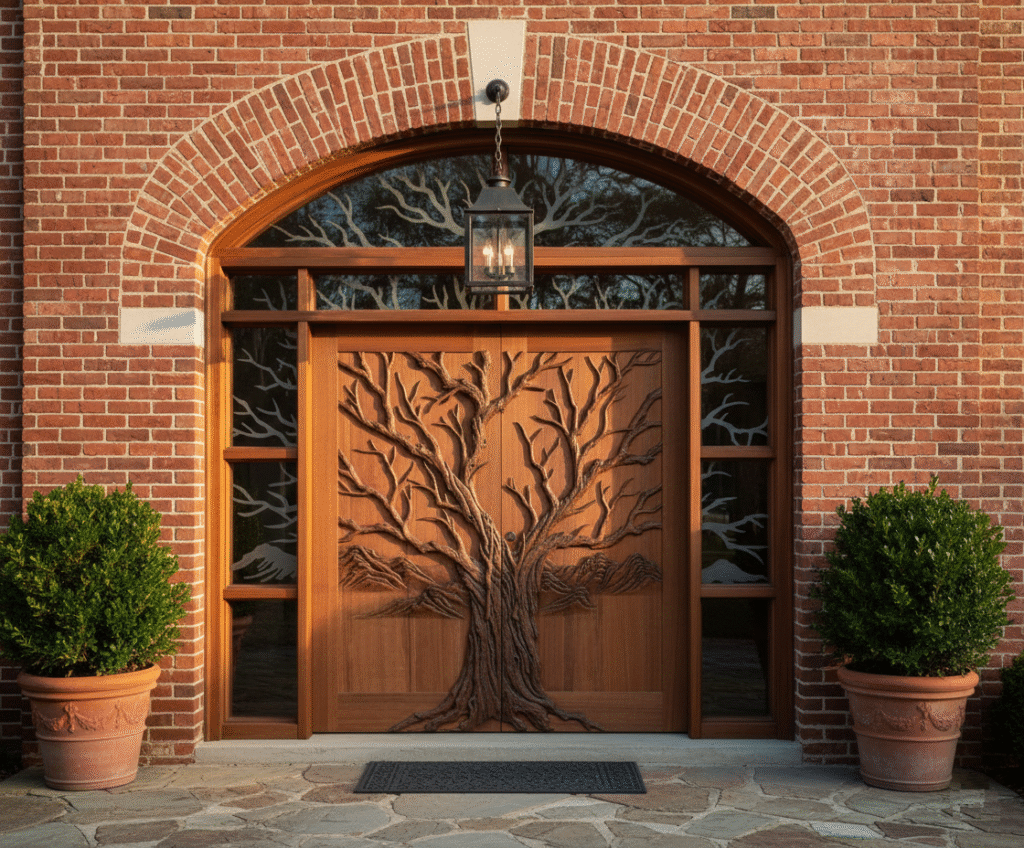 Architectural exterior view of a solid wood double entry door system by Crown Custom Doors set within an arched red brick home facade, featuring a high-relief hand-carved Tree of Life motif, matching sidelights, and an arched transom with etched branch glass.