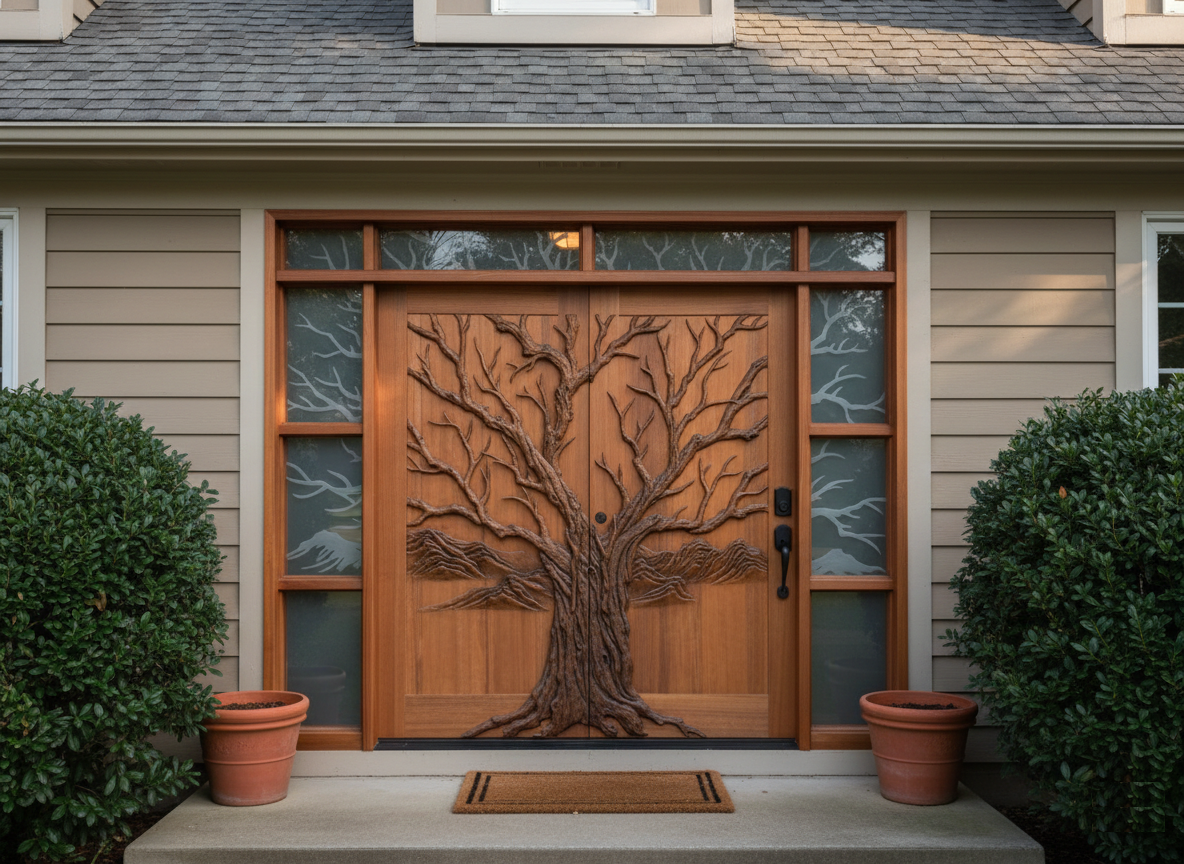 Architectural exterior view of a solid wood double entry door system by Crown Custom Doors installed on a contemporary siding home facade, featuring a high-relief hand-carved Tree of Life design, matching sidelights, flat wood trim, modern handle set, and a rectangular transom with etched branch glass.