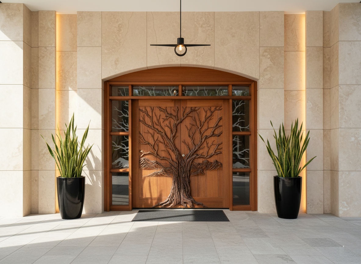 Architectural commercial entryway view of a solid wood double door system by Crown Custom Doors installed in a luxury hotel travertine stone portico, featuring a high-relief hand-carved Tree of Life motif, matching sidelights, arched alcove trim, and etched branch glass transom.