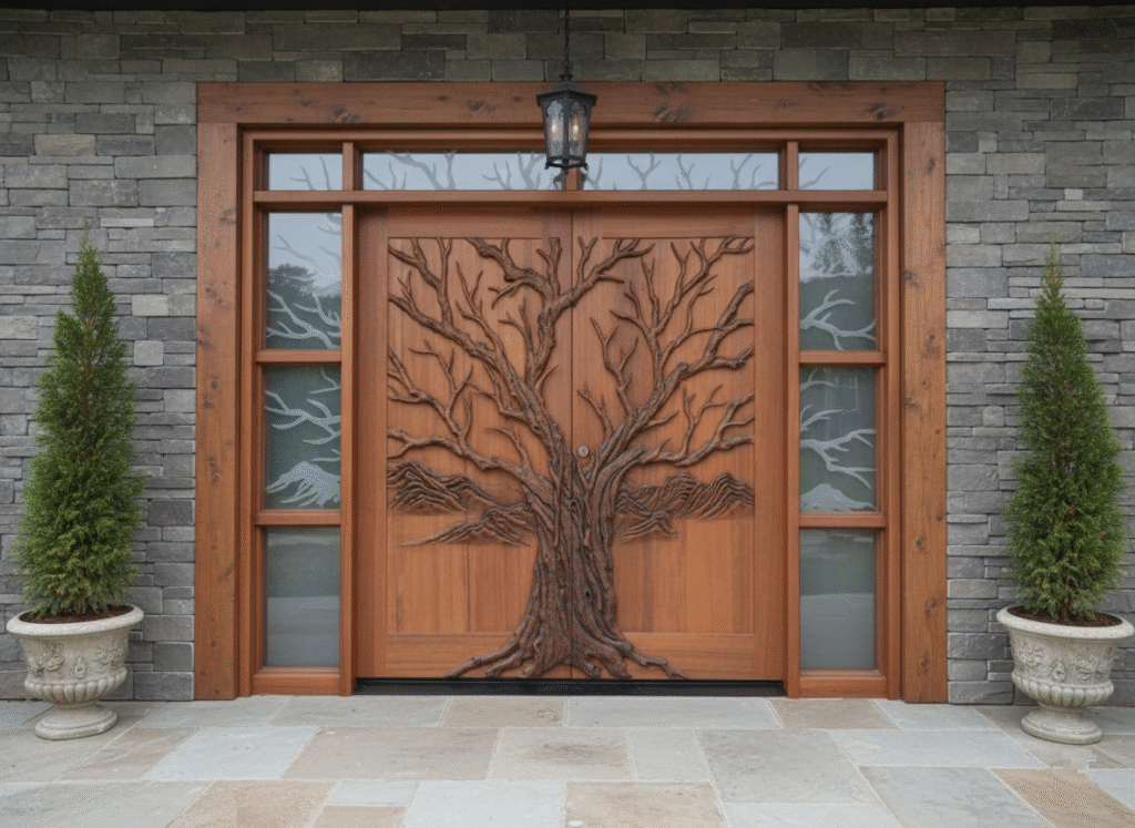 Architectural exterior view of a solid wood double entry door system by Crown Custom Doors installed on a modern stone facade home, featuring a high-relief hand-carved Tree of Life design, matching sidelights, flat wooden trim casing, and a rectangular transom with etched branch glass.