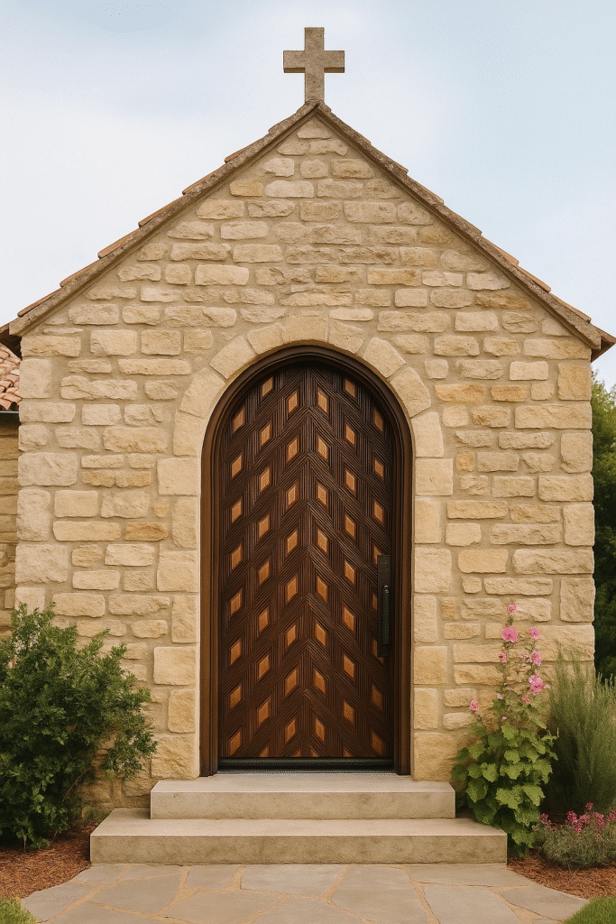 A custom arched single entry church door handcrafted from solid wood by Crown Custom Doors, featuring a complex geometric diamond chevron chevron parquet pattern with alternating dark brown and warm honey tones, installed within a rustic stone masonry chapel facade beneath a stone cross.
