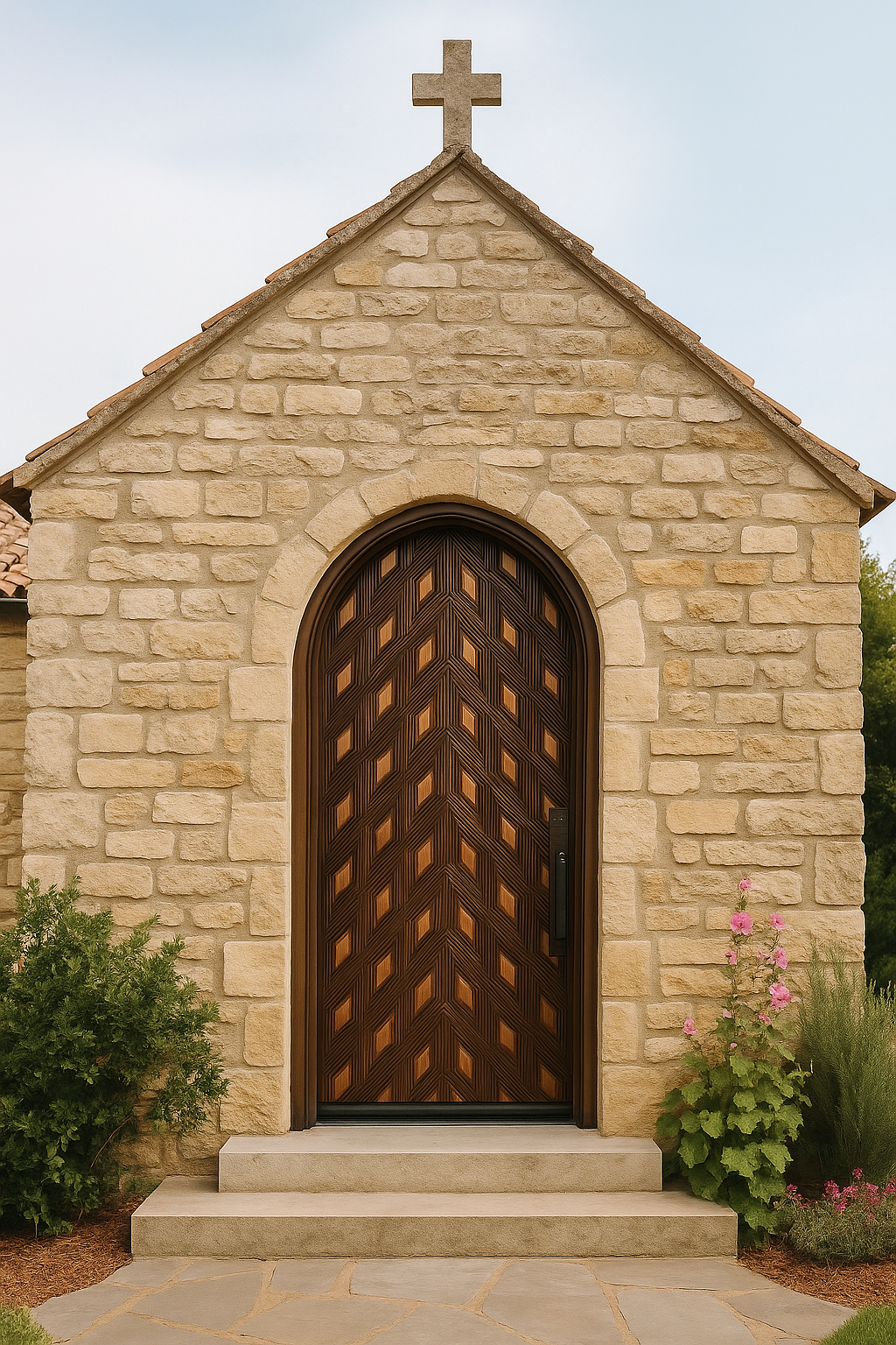 A custom arched single entry church door handcrafted from solid wood by Crown Custom Doors, featuring a complex geometric diamond chevron chevron parquet pattern with alternating dark brown and warm honey tones, installed within a rustic stone masonry chapel facade beneath a stone cross.