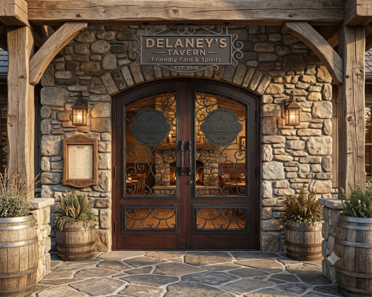 Custom handcrafted full arch solid wood commercial double doors with intricate black wrought iron grills over glass inserts, installed as the entrance for a rustic stone tavern and restaurant storefront.