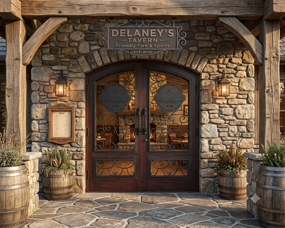 Custom handcrafted full arch solid wood commercial double doors with intricate black wrought iron grills over glass inserts, installed as the entrance for a rustic stone tavern and restaurant storefront.