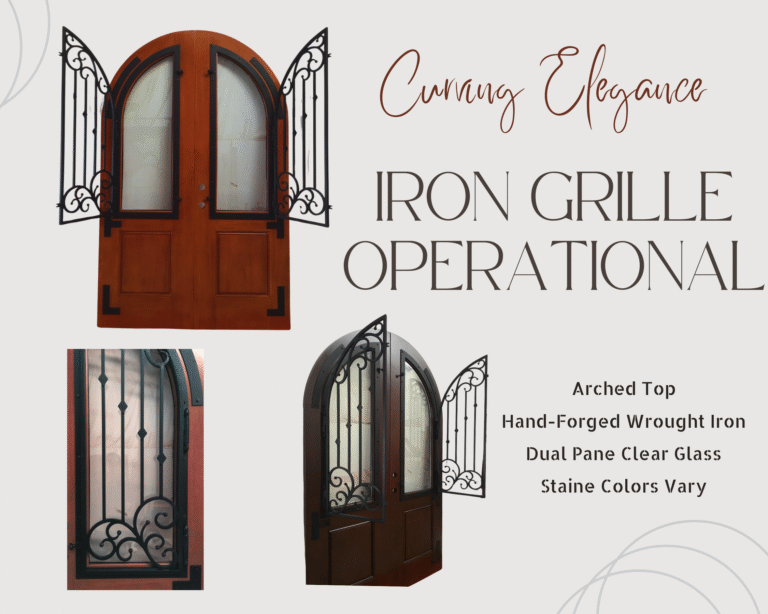 Product diagram titled Curving Elegance Iron Grille Operational displaying a custom full arch solid wood double door with hand-forged wrought iron grilles that swing open over dual pane clear glass inserts.