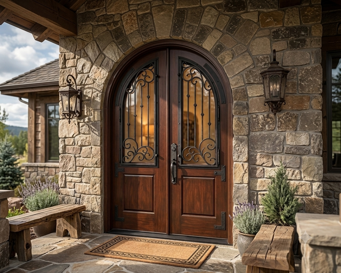 Custom handcrafted full arch solid wood double doors with ornate black wrought iron grills over glass inserts, set into a rustic stone archway on a luxury villa front porch with stone paving and timber frame beams.