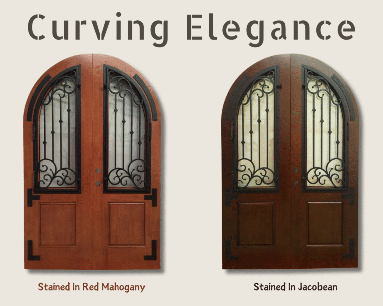 Product showcase titled Curving Elegance displaying two versions of a handcrafted full arch solid wood double door with wrought iron grills over glass panels, side-by-side in Red Mahogany and Jacobean stain finishes.