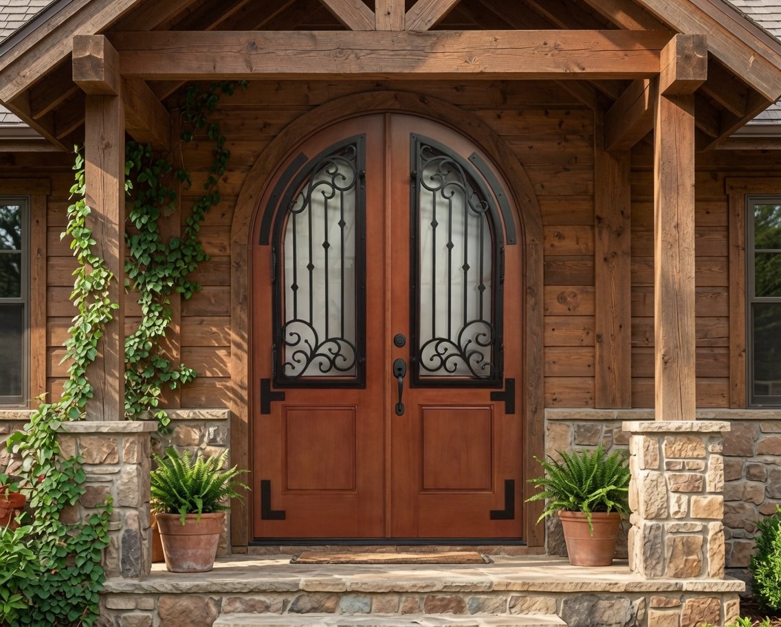 Custom handcrafted full arch solid wood double doors with intricate black wrought iron grills over glass inserts, installed on a rustic mountain lodge entryway featuring heavy timber framing and stacked stone pillars.