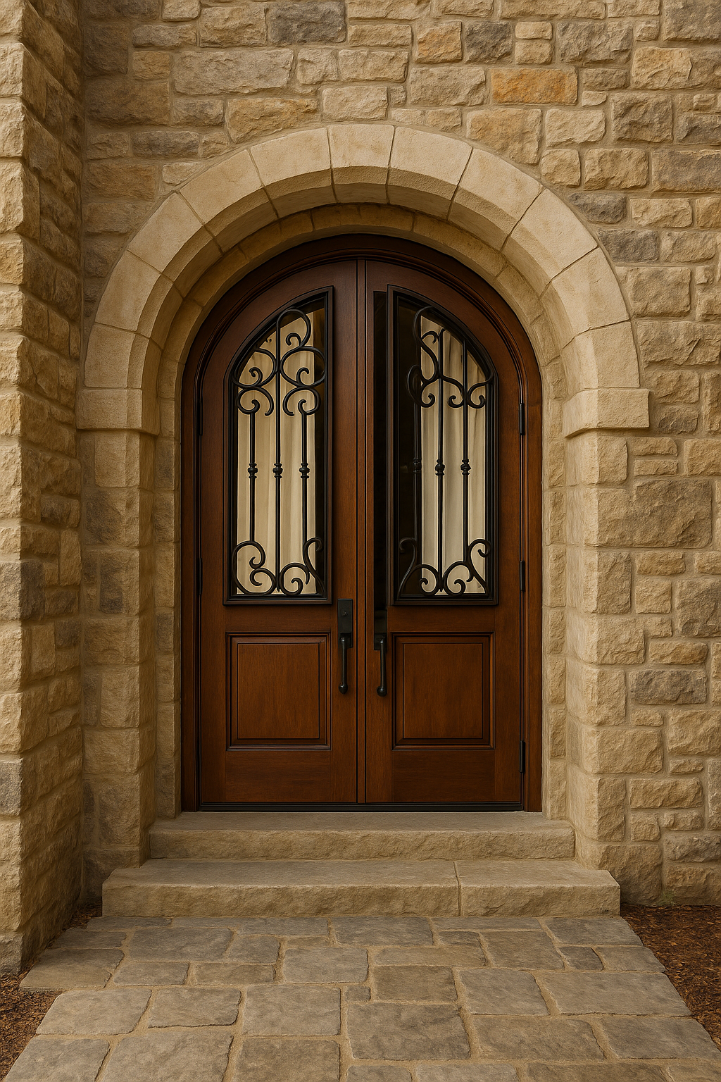 A custom arched solid wood double entry door system by Crown Custom Doors, masterfully assembled and installed within a luxury stone wall facade, featuring a rich dark brown stain, integrated arched glass windows with elegant wrought iron scroll grilles, modern black pull handles, and a matching stone archway frame.