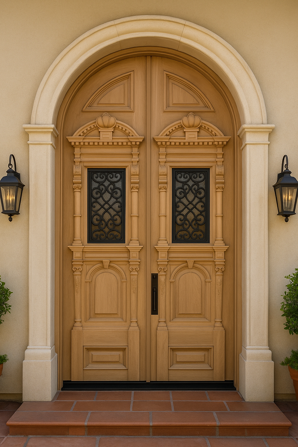 A custom arched solid wood double entry door system by Crown Custom Doors, masterfully assembled and installed within a luxury Mediterranean house facade, featuring ornate hand-carved pillars, classic pediment crown moldings, integrated rectangular glass windows with wrought iron grilles, and a matching arched stone trim surround.