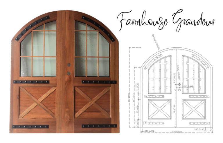 A product specification graphic from Crown Custom Doors displaying a finished arched farmhouse solid wood double entry door system alongside its detailed architectural CAD blueprint drawing, highlighting multi-pane glass windows, lower X-brace panels, and rustic black iron strap accents with clavos studs on a black background.