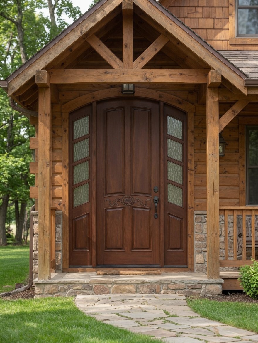 Custom handcrafted solid wood front door with a segment arch top, premium raised panels, and center rail carving, flanked by multi-pane textured glass sidelights on a rustic log cabin home entryway with stone accents.
