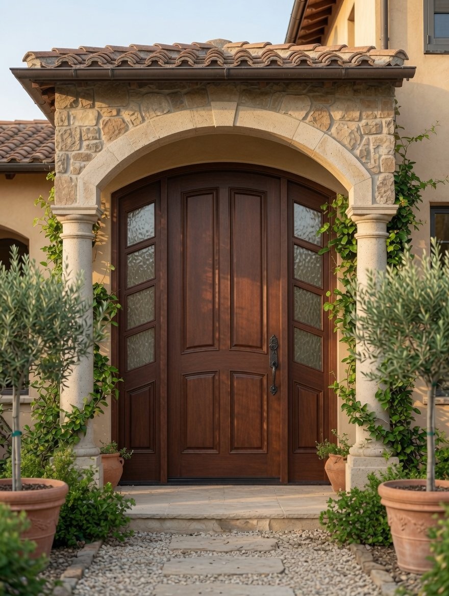 Custom handcrafted solid wood front door with a segment arch top, premium raised panel design, and matching multi-pane textured glass sidelights installed on a Mediterranean Tuscan villa home entryway.