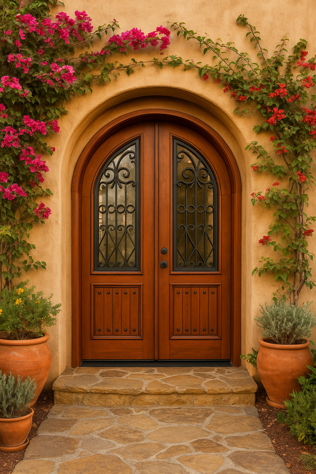 A custom arched Mediterranean double entry door handcrafted from premium solid wood by Crown Custom Doors, featuring a rich warm brown finish, arched glass panels protected by black wrought iron scrollwork grilles, and lower plank panels accented with decorative clavos studs, set in a stucco archway with blooming bougainvillea vines.