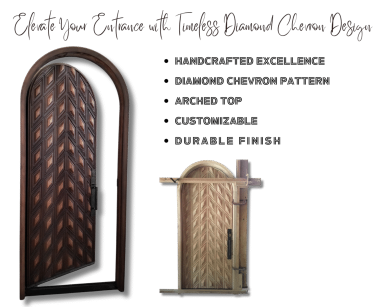 A custom single entry door product display by Crown Custom Doors titled Elevate Your Entrance with Timeless Diamond Chevron Design, showing a finished arched door assembled with its matching wood house frame on a black background alongside an inset picture of the door under construction in the workshop.